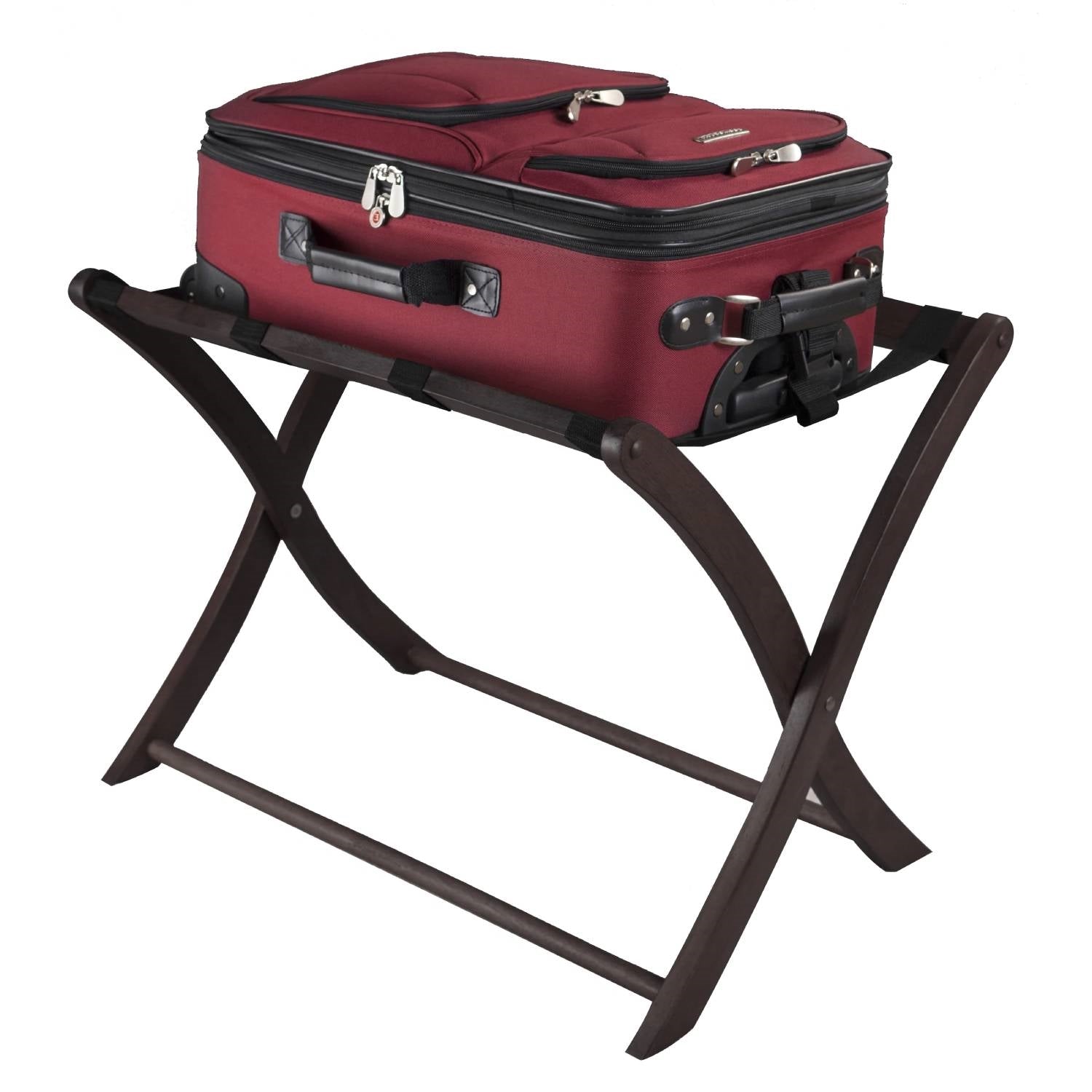 Solid Wood Folding Luggage Rack in Dark Brown Finish with Black Nylon Straps-0