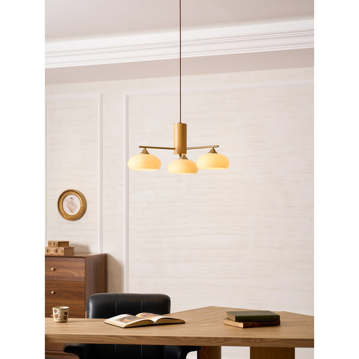 Elliptical Glass Globe Chandelier with Brass Arms | Dining Table Light Fixture