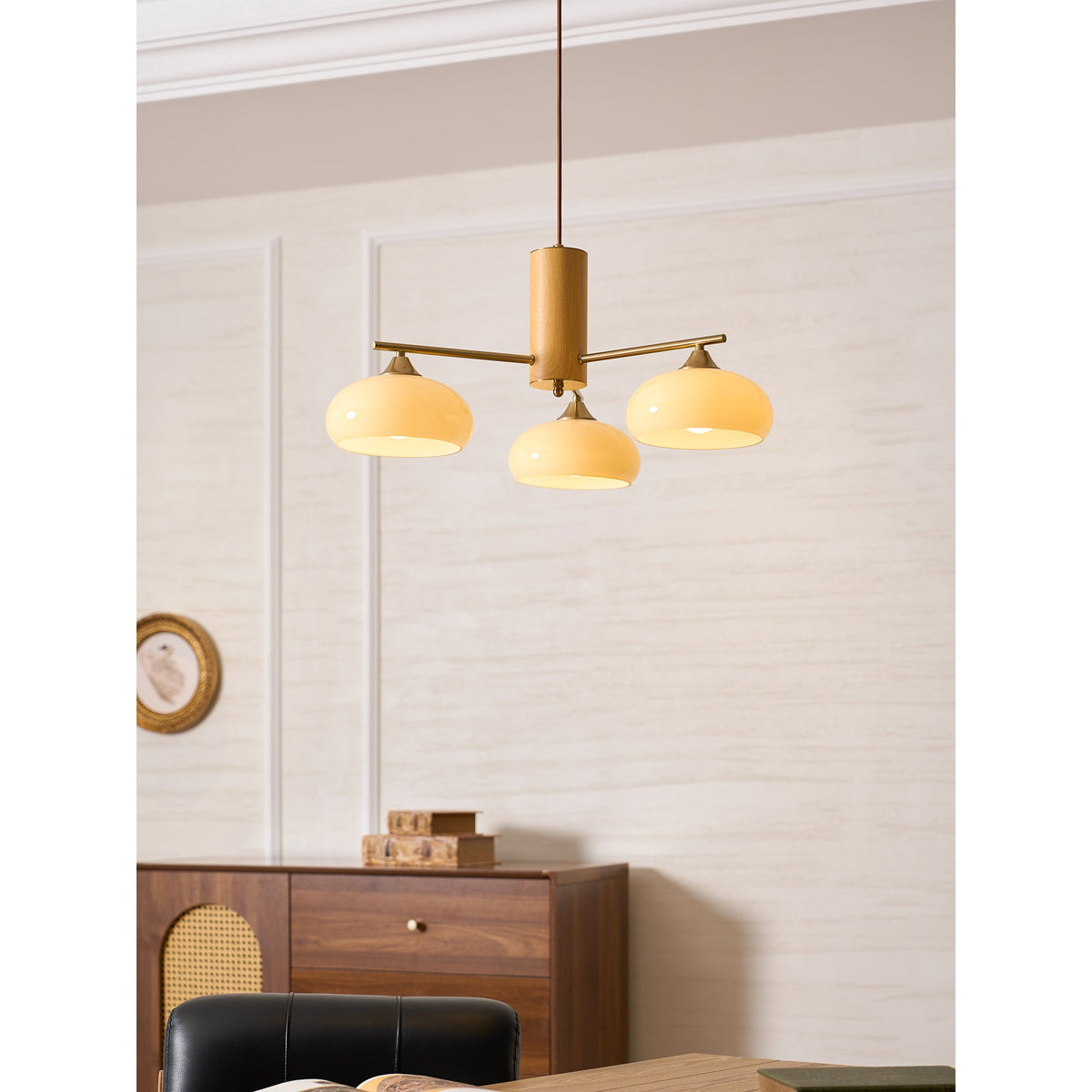 Elliptical Glass Globe Chandelier with Brass Arms | Dining Table Light Fixture