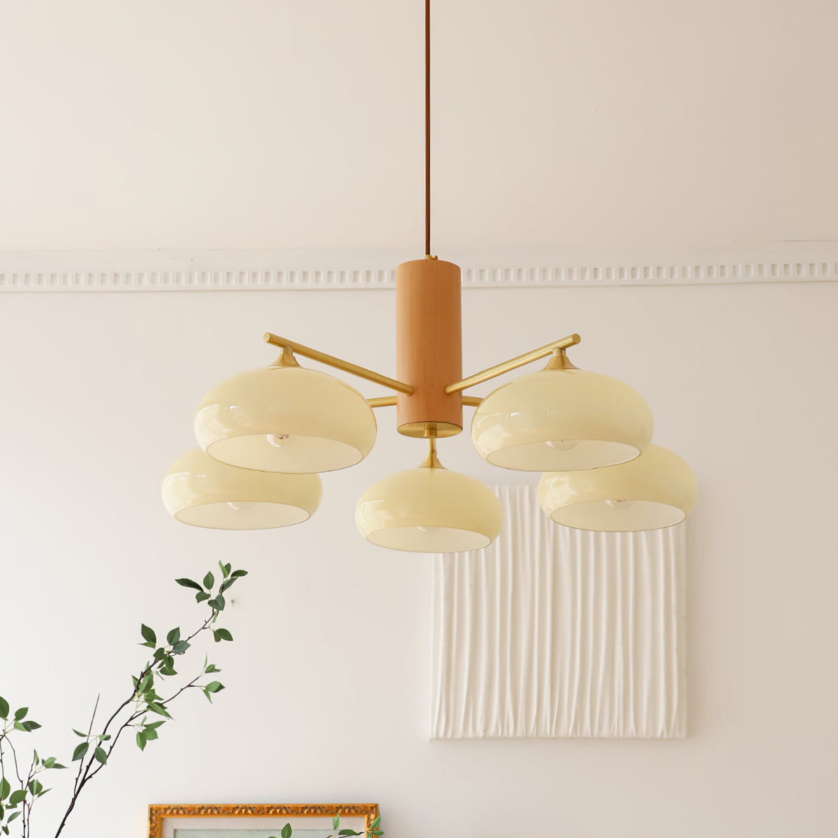 Elliptical Glass Globe Chandelier with Brass Arms | Dining Table Light Fixture
