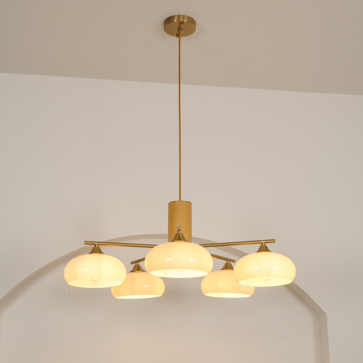 Elliptical Glass Globe Chandelier with Brass Arms | Dining Table Light Fixture