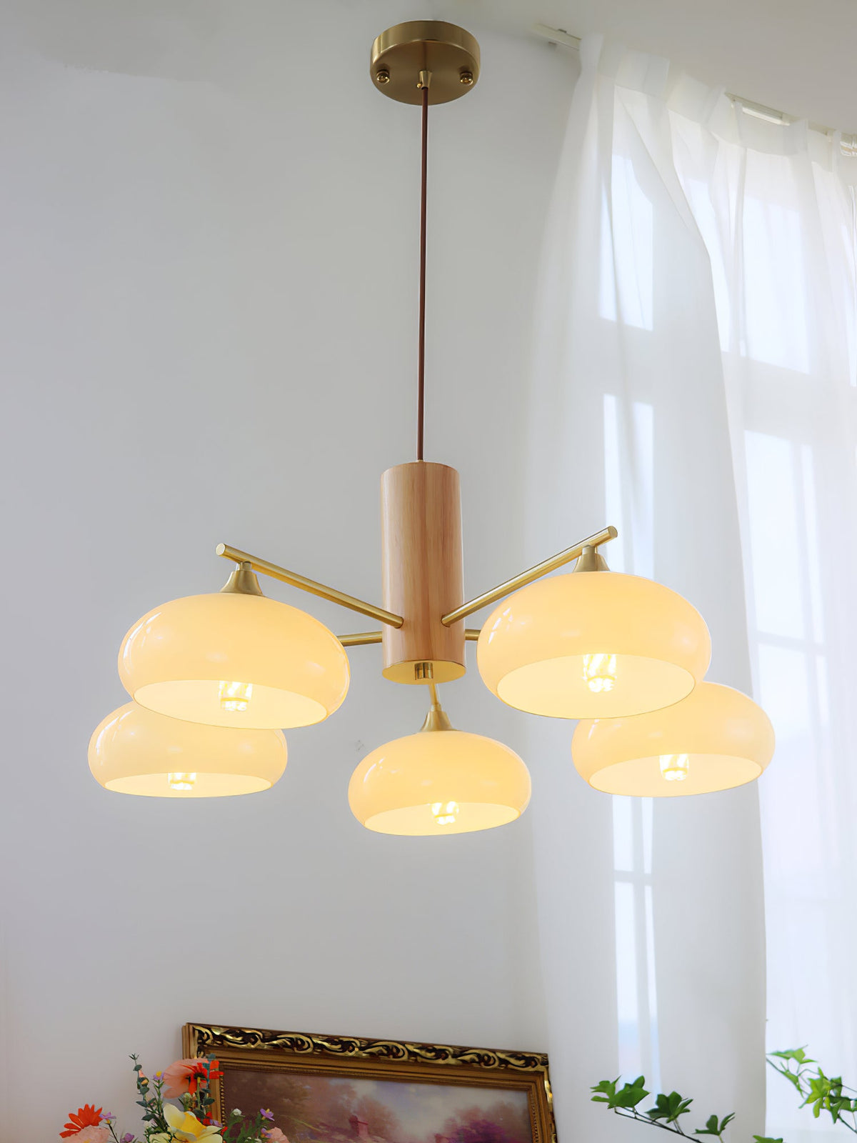 Elliptical Glass Globe Chandelier with Brass Arms | Dining Table Light Fixture