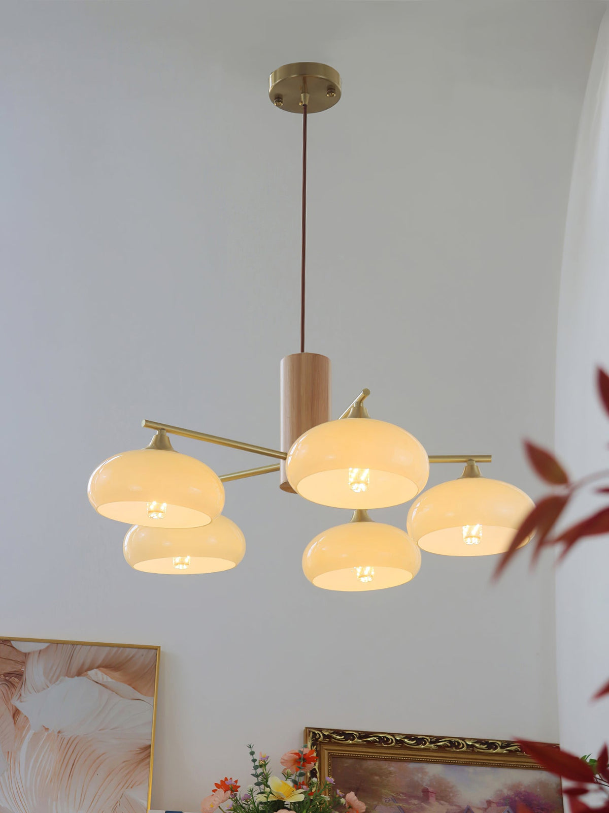 Elliptical Glass Globe Chandelier with Brass Arms | Dining Table Light Fixture