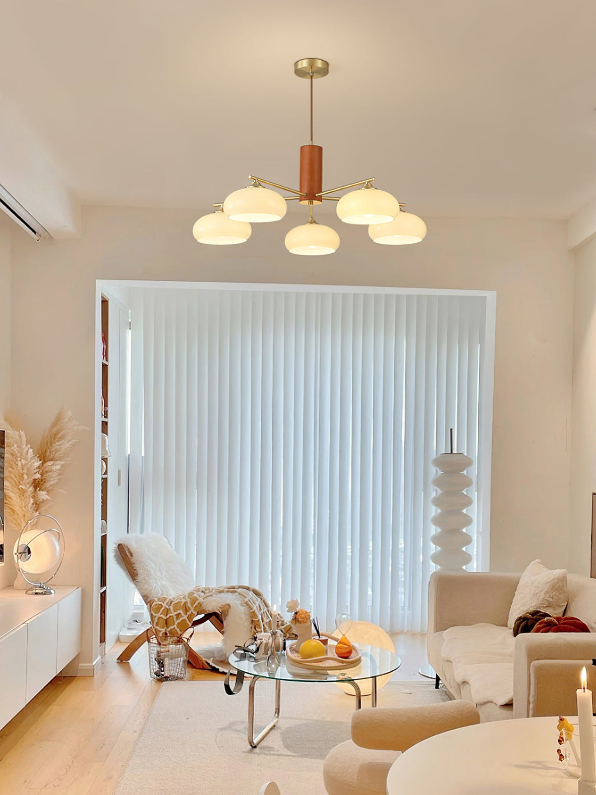Elliptical Glass Globe Chandelier with Brass Arms | Dining Table Light Fixture