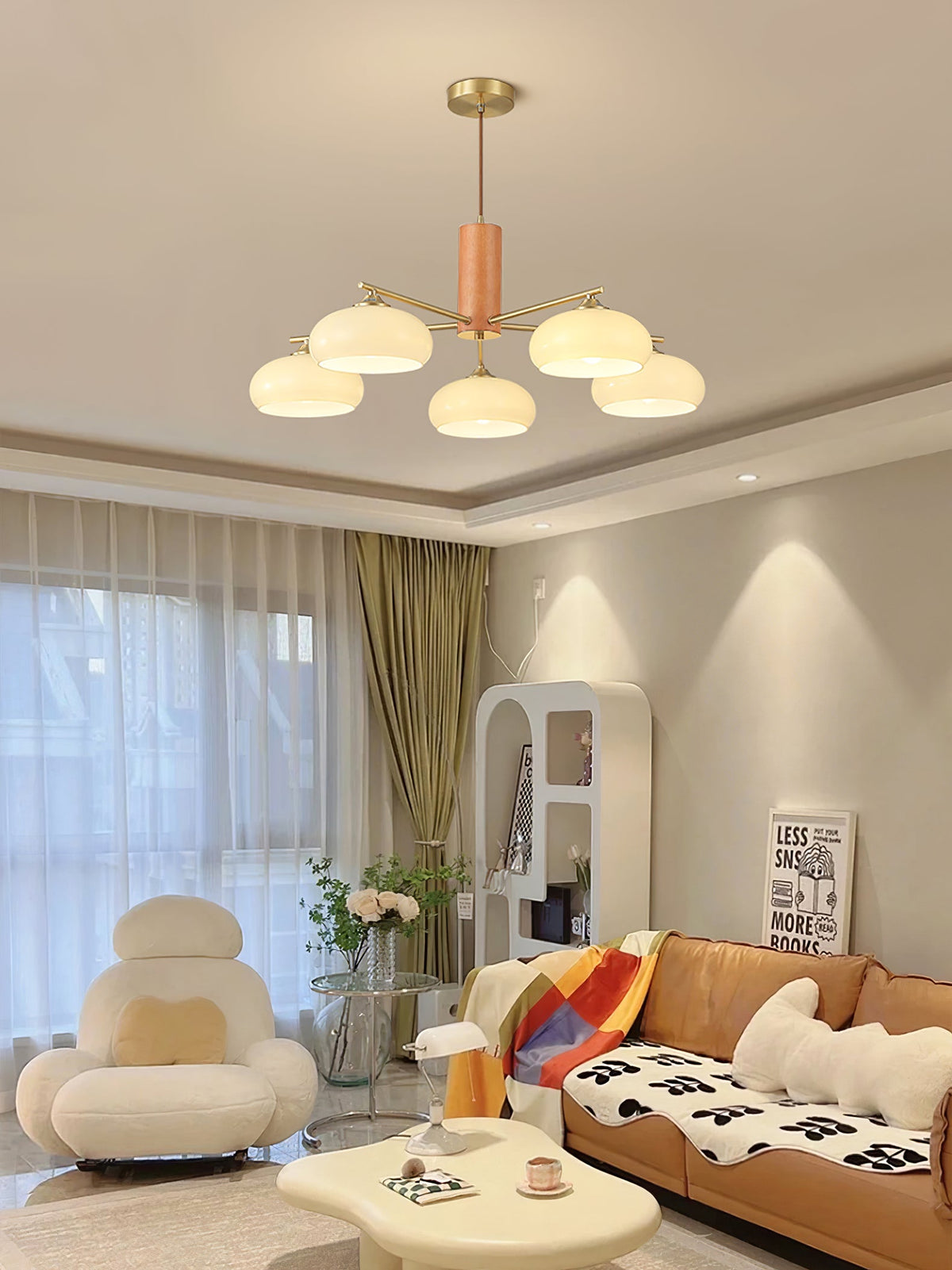 Elliptical Glass Globe Chandelier with Brass Arms | Dining Table Light Fixture