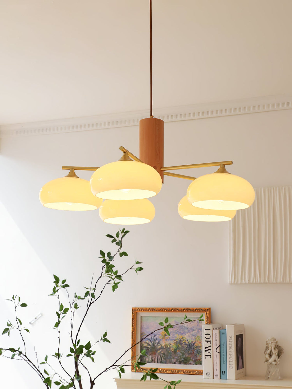 Elliptical Glass Globe Chandelier with Brass Arms | Dining Table Light Fixture