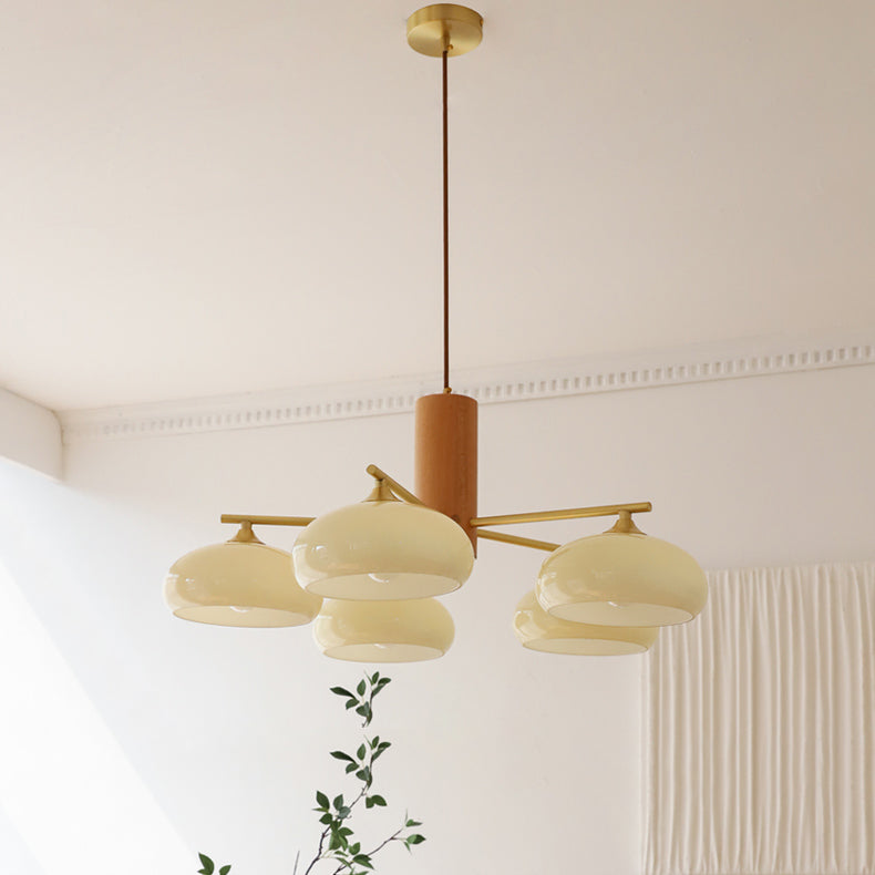 Elliptical Glass Globe Chandelier with Brass Arms | Dining Table Light Fixture