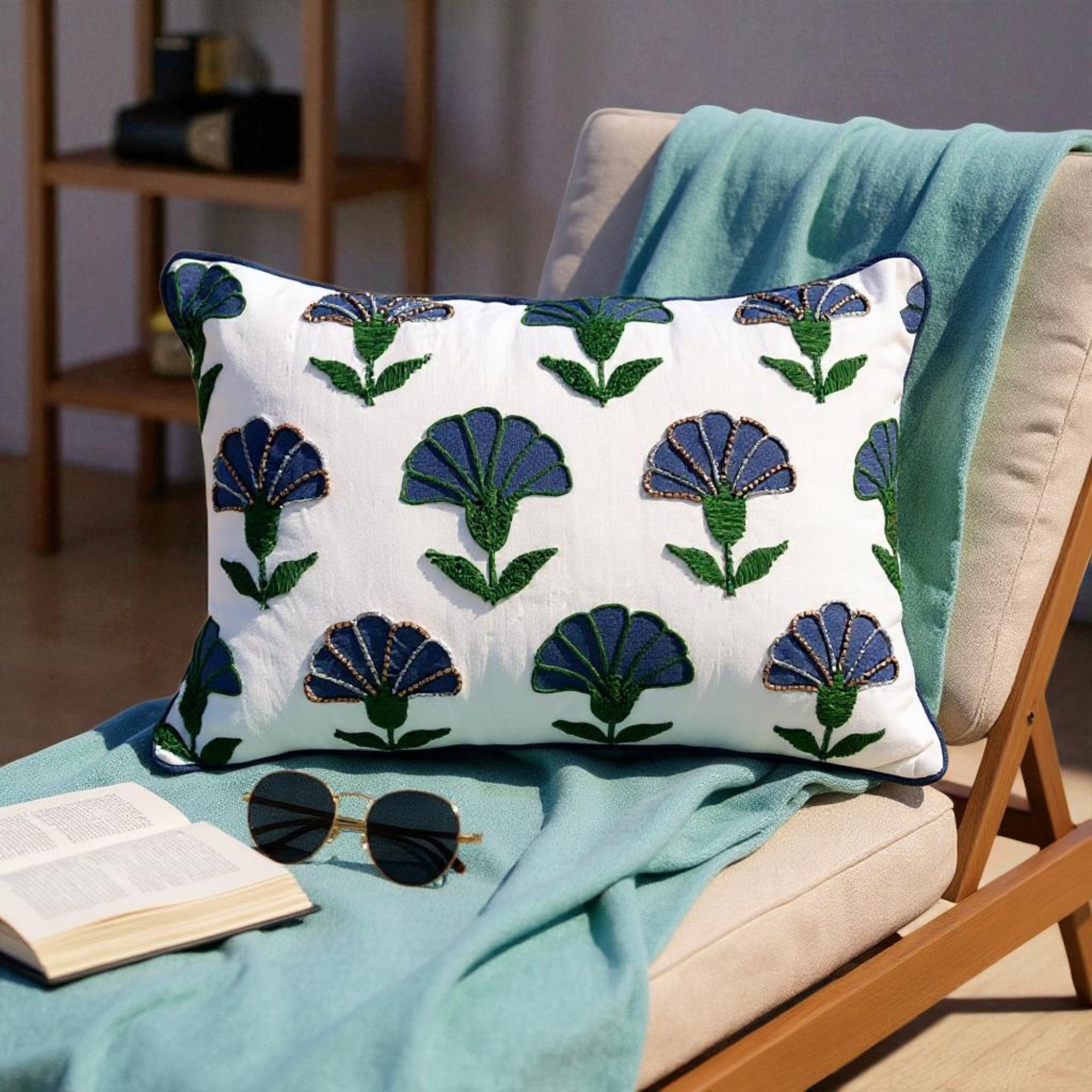 Embroidered Floral Blue Boho Accent Throw Pillow