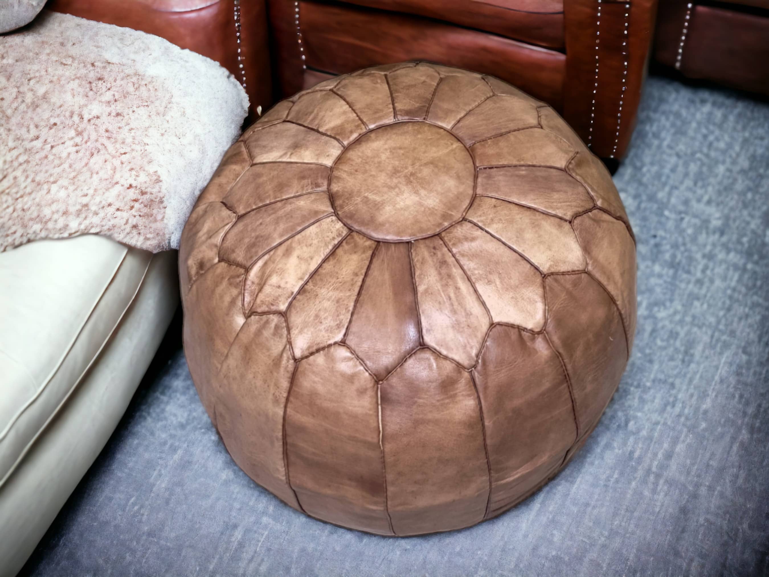 Moroccan Charm: Natural-Tan Leather Ottoman Pouf-3