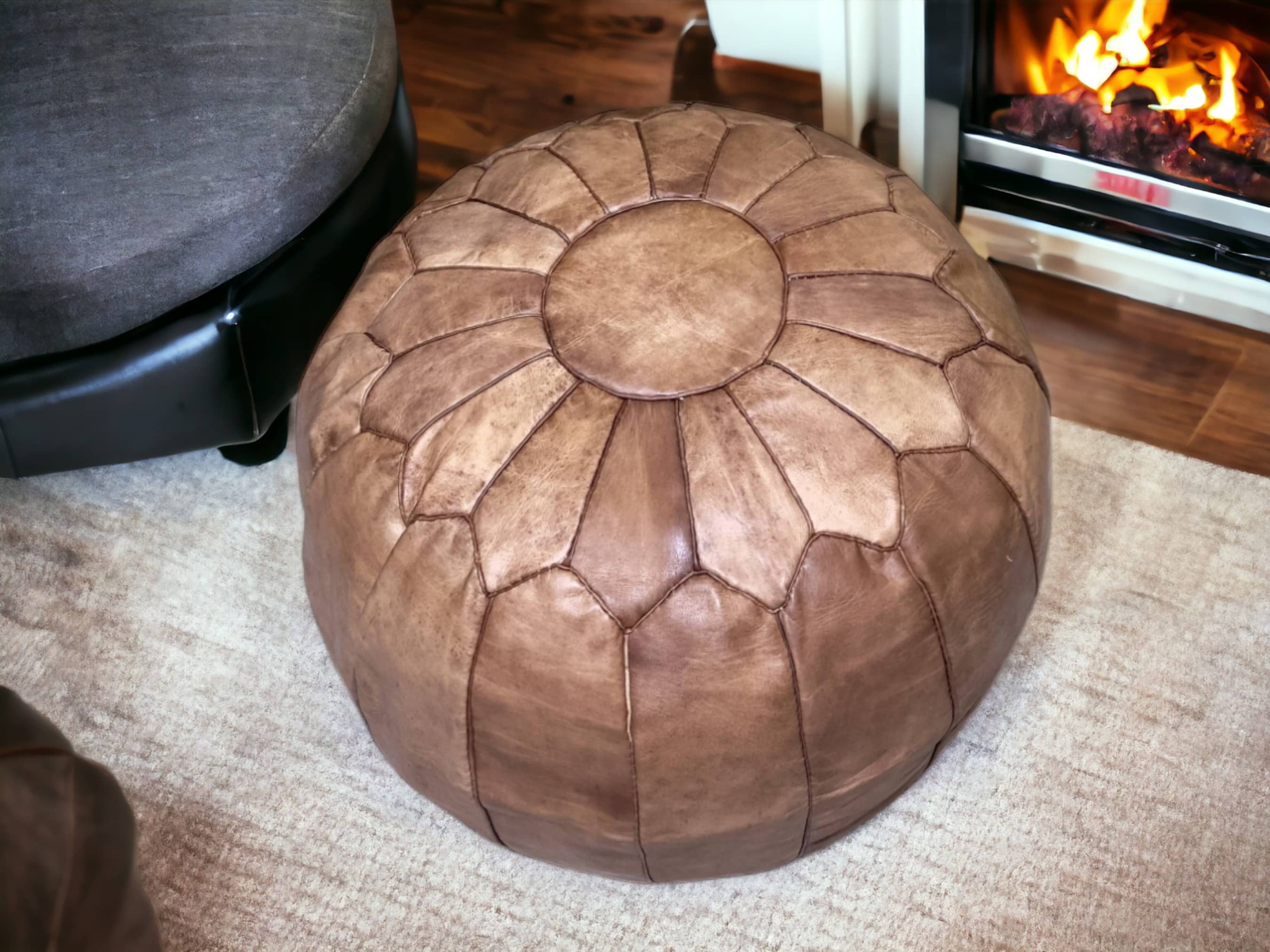 Moroccan Charm: Natural-Tan Leather Ottoman Pouf-4