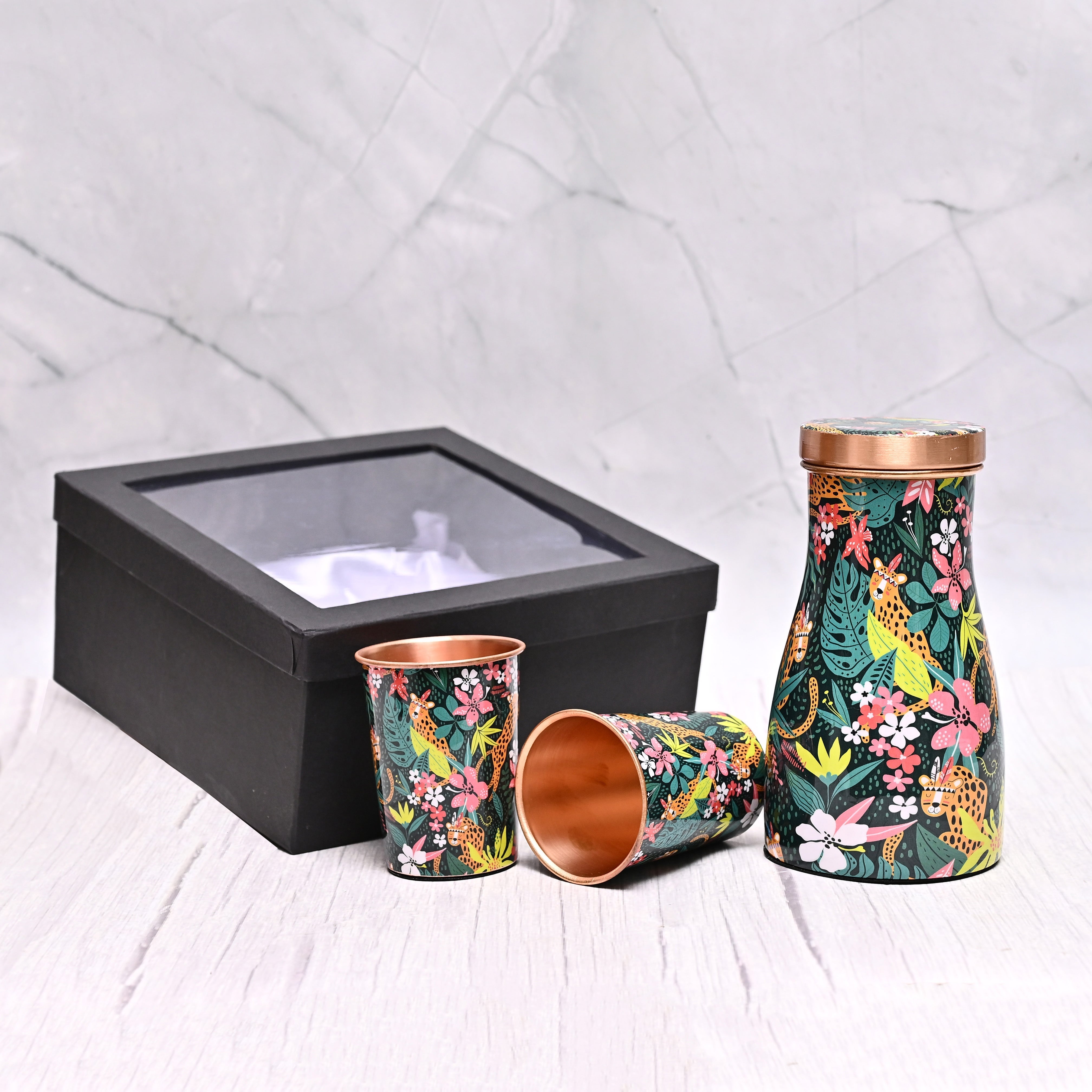 High Quality Copper Bedroom Jar / Water Pot with 2 Pcs Glass In Gift Box Pack | Capacity 1000 ML-0