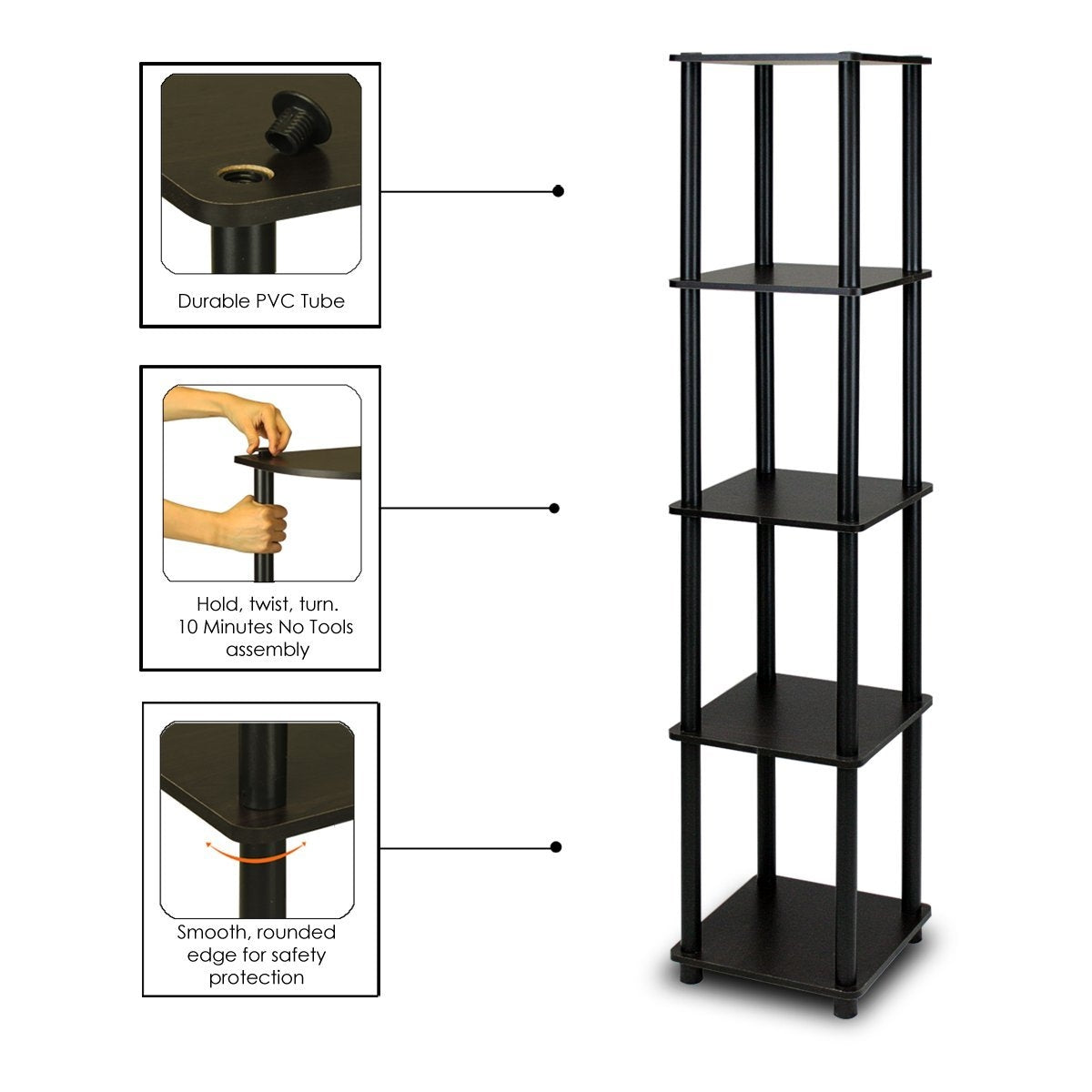 5-Tier Square Corner Display Shelf Bookcase in Espresso/Black-4