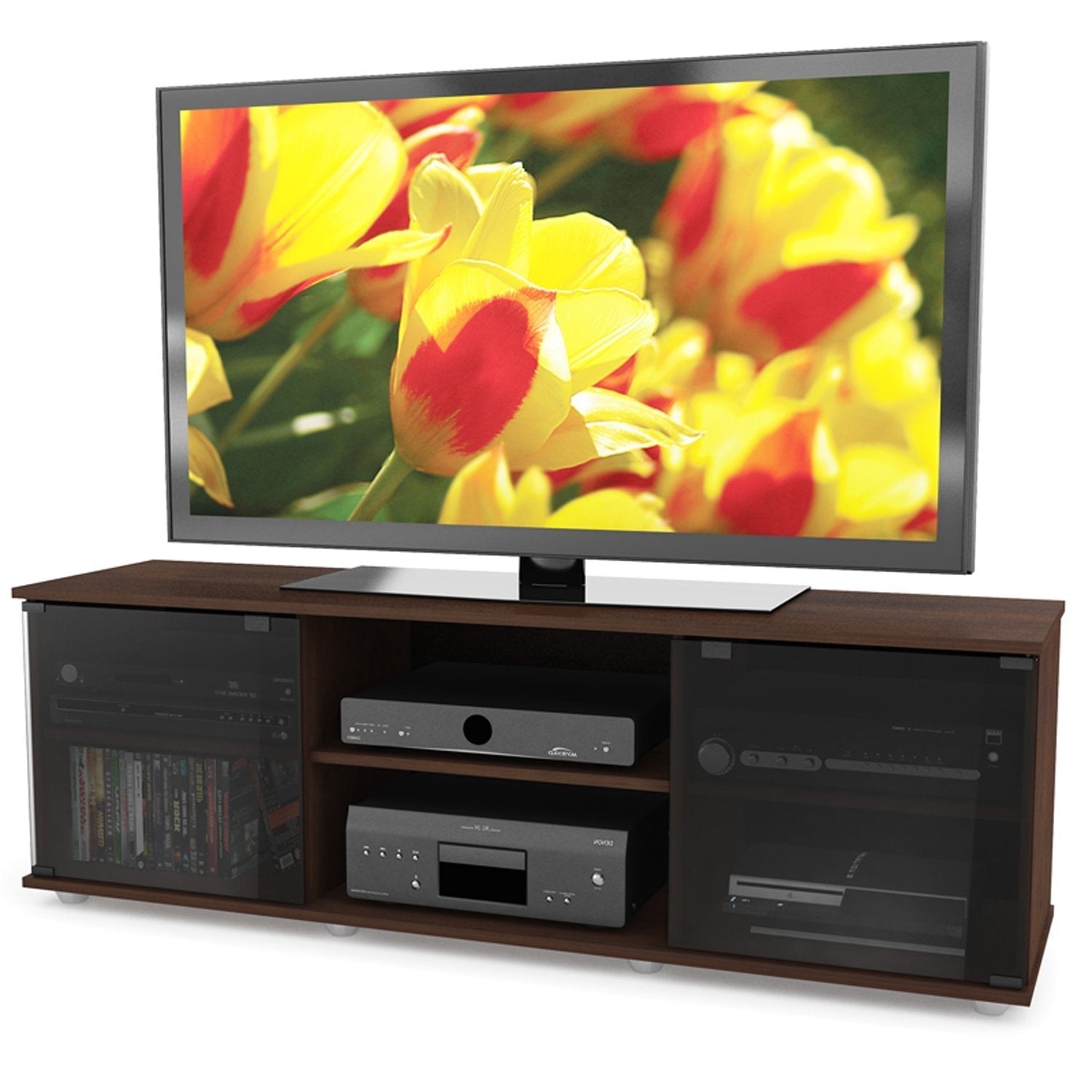 Contemporary Brown TV Stand with Glass Doors - Fits TV's up to 64-inch-0