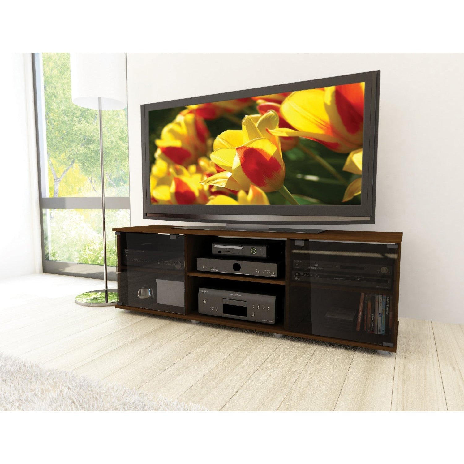 Contemporary Brown TV Stand with Glass Doors - Fits TV's up to 64-inch-1