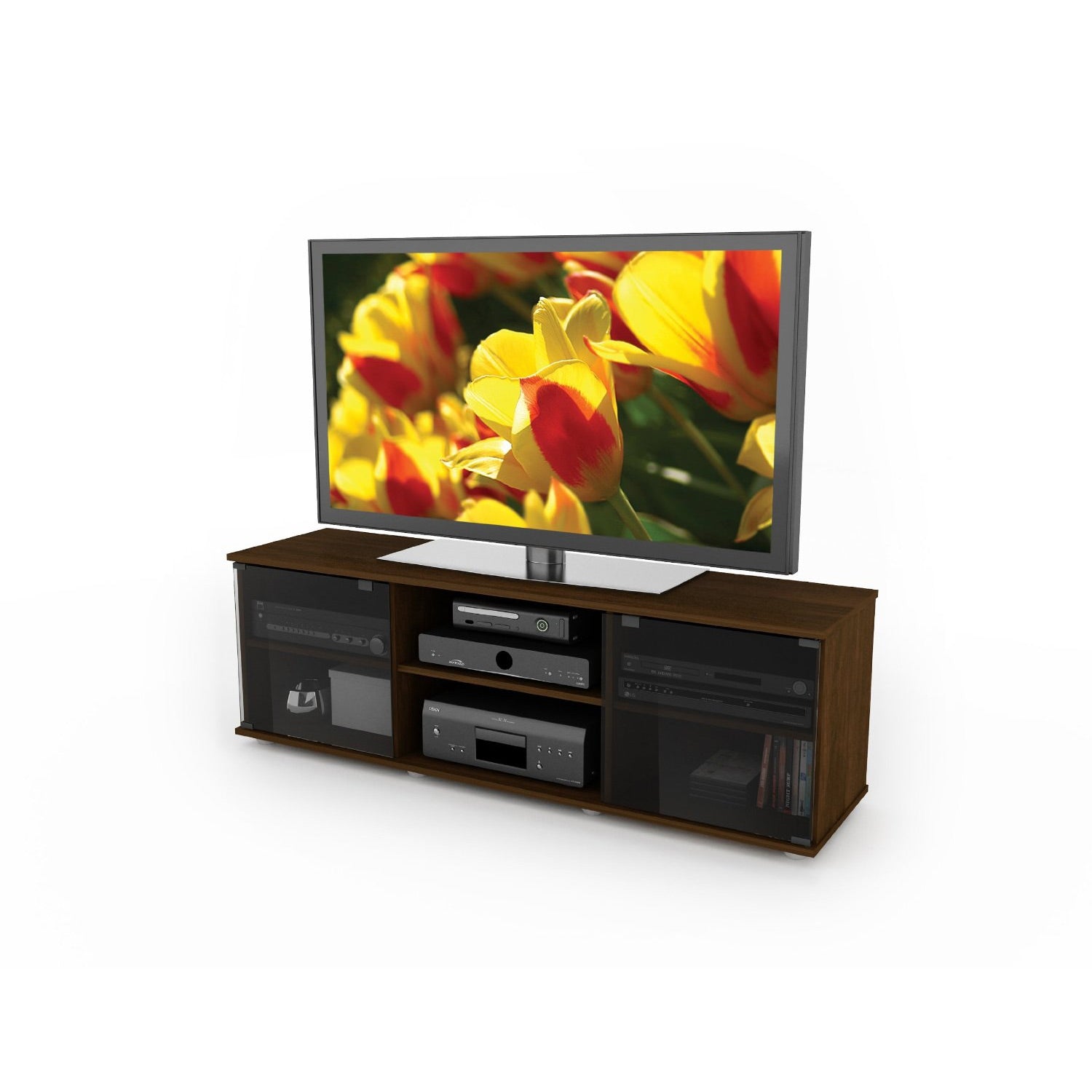 Contemporary Brown TV Stand with Glass Doors - Fits TV's up to 64-inch-2