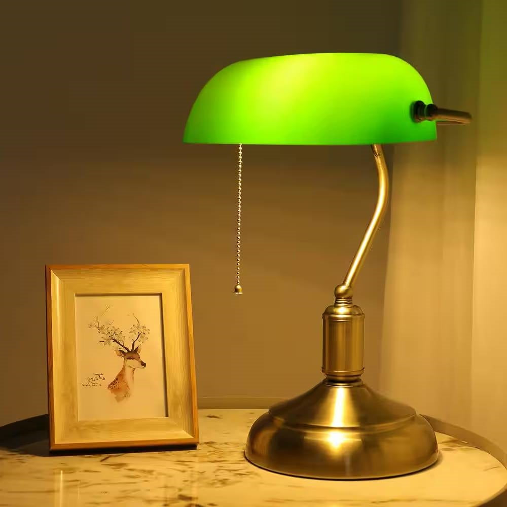 Antique Brass Bankers Lamp Desk Light Table Lamp with Green Glass Shade-0