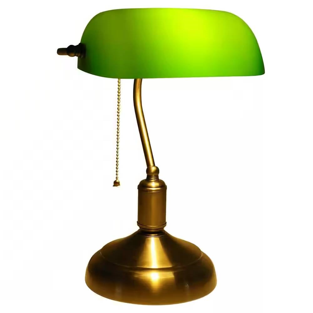 Antique Brass Bankers Lamp Desk Light Table Lamp with Green Glass Shade-1