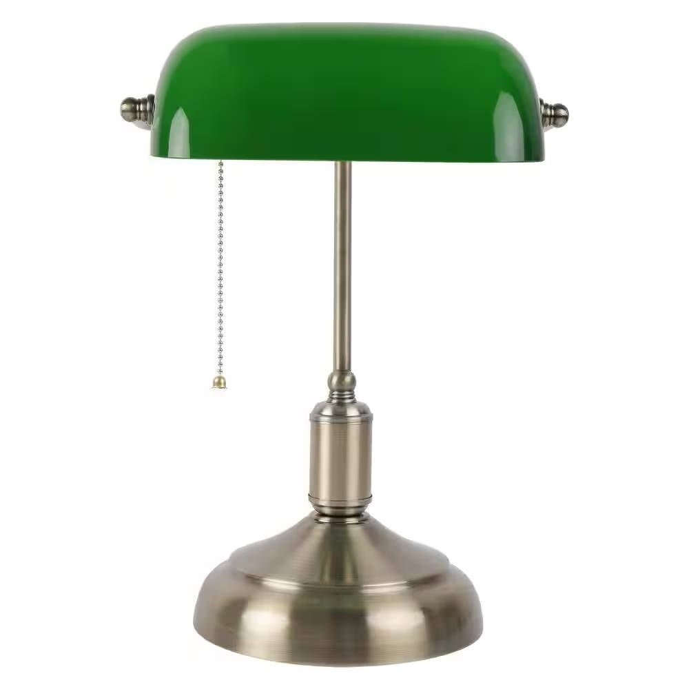 Antique Brass Bankers Lamp Desk Light Table Lamp with Green Glass Shade-2