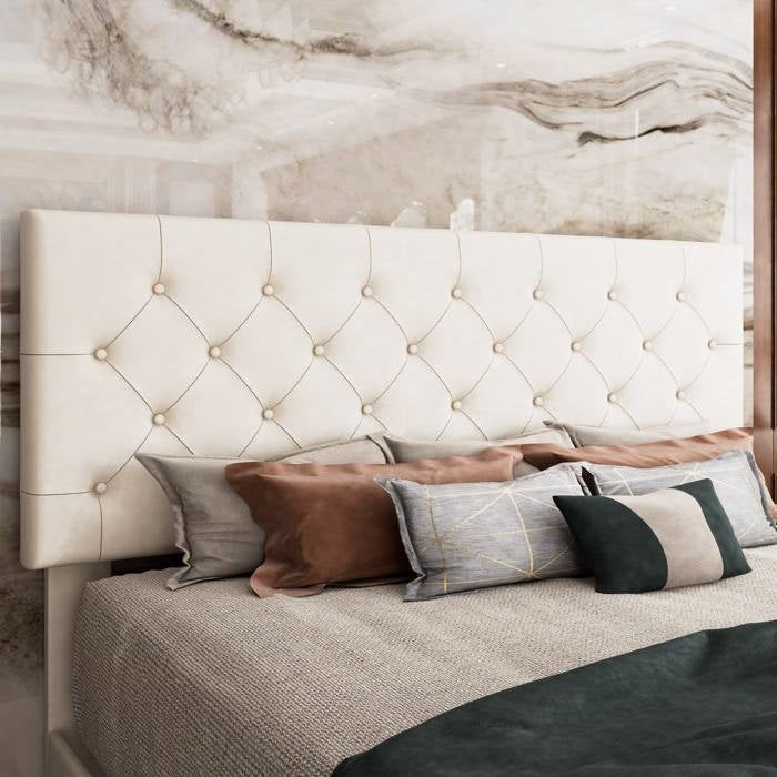 Full White Faux Leather Upholstered Platform Bed with Button-Tufted Headboard-2