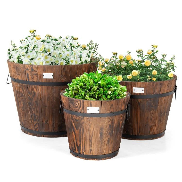 Set of 3 Outdoor Wooden Barrel Planter Pots with Handles 11.5, 15, and 18 inch-0