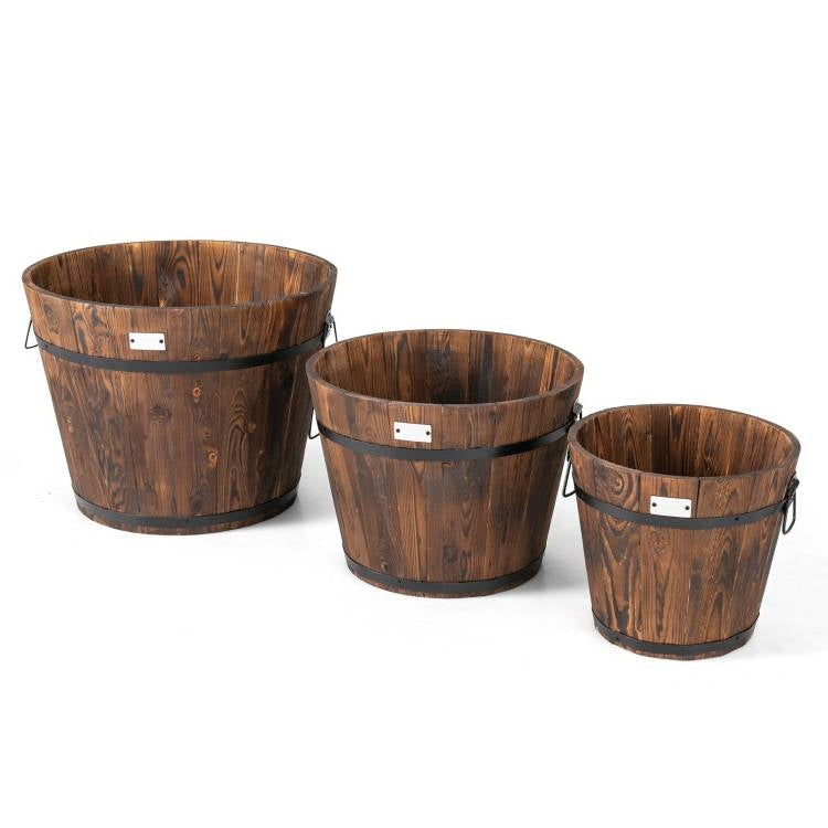 Set of 3 Outdoor Wooden Barrel Planter Pots with Handles 11.5, 15, and 18 inch-1