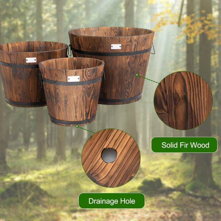 Set of 3 Outdoor Wooden Barrel Planter Pots with Handles 11.5, 15, and 18 inch-4