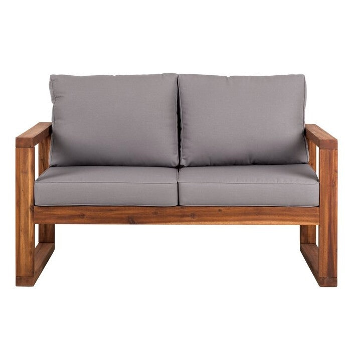 FarmHouse Modern Outdoor Acacia Loveseat with Grey Cushion-0