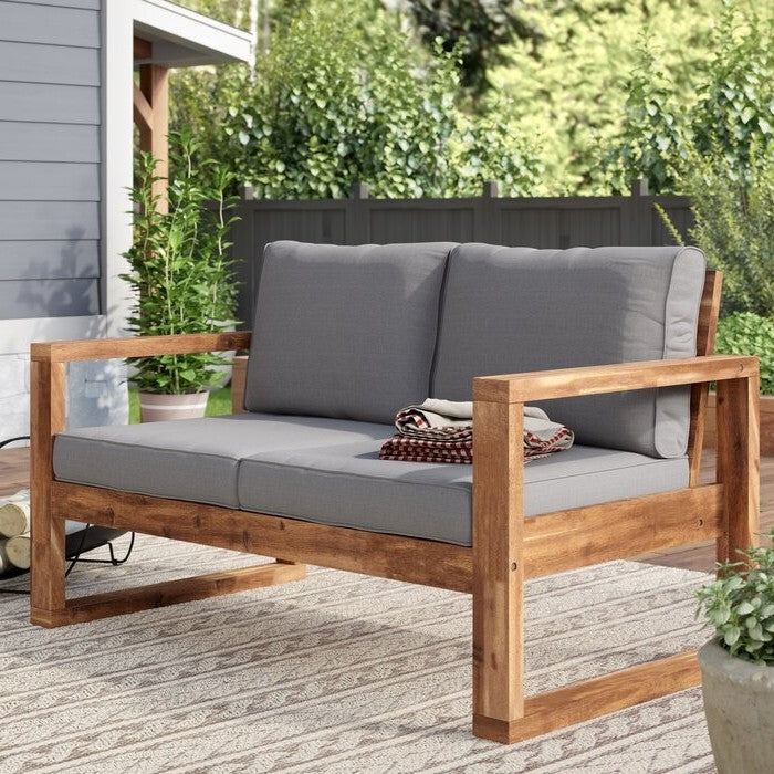 FarmHouse Modern Outdoor Acacia Loveseat with Grey Cushion-1