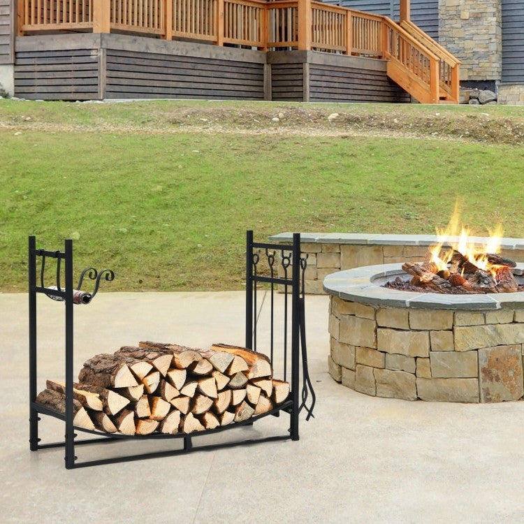 Indoor/Outdoor Heavy Duty Steel Firewood Storage w/ Kindling Holders, Shovel-1