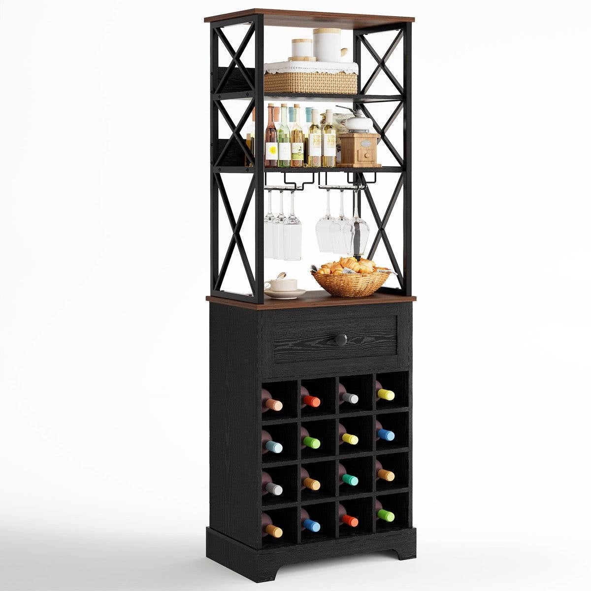 Black/Brown Wine Rack Kitchen Bar Storage Cabinet Shelf with Glass Holders-0