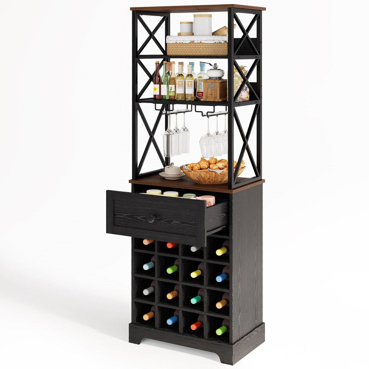 Black/Brown Wine Rack Kitchen Bar Storage Cabinet Shelf with Glass Holders-2