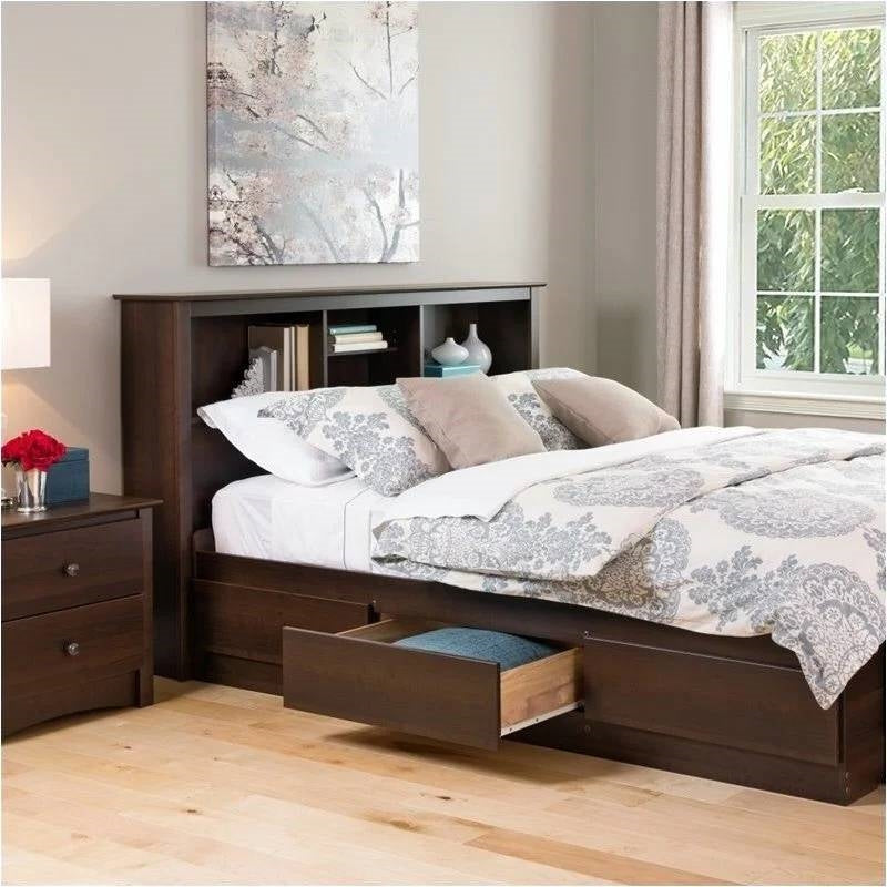 Full/Queen size Bookcase Storage Headboard in Espresso Wood Finish-2