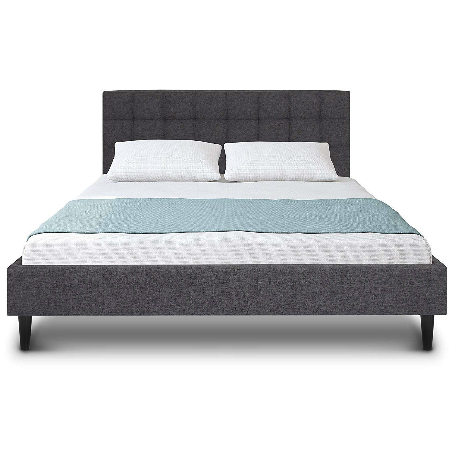 Full size Grey Mid-Century Modern Upholstered Platform Bed Frame with Headboard-1