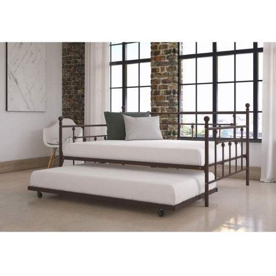 Full size Bronze Metal Daybed with Twin Roll-out Trundle Bed-4