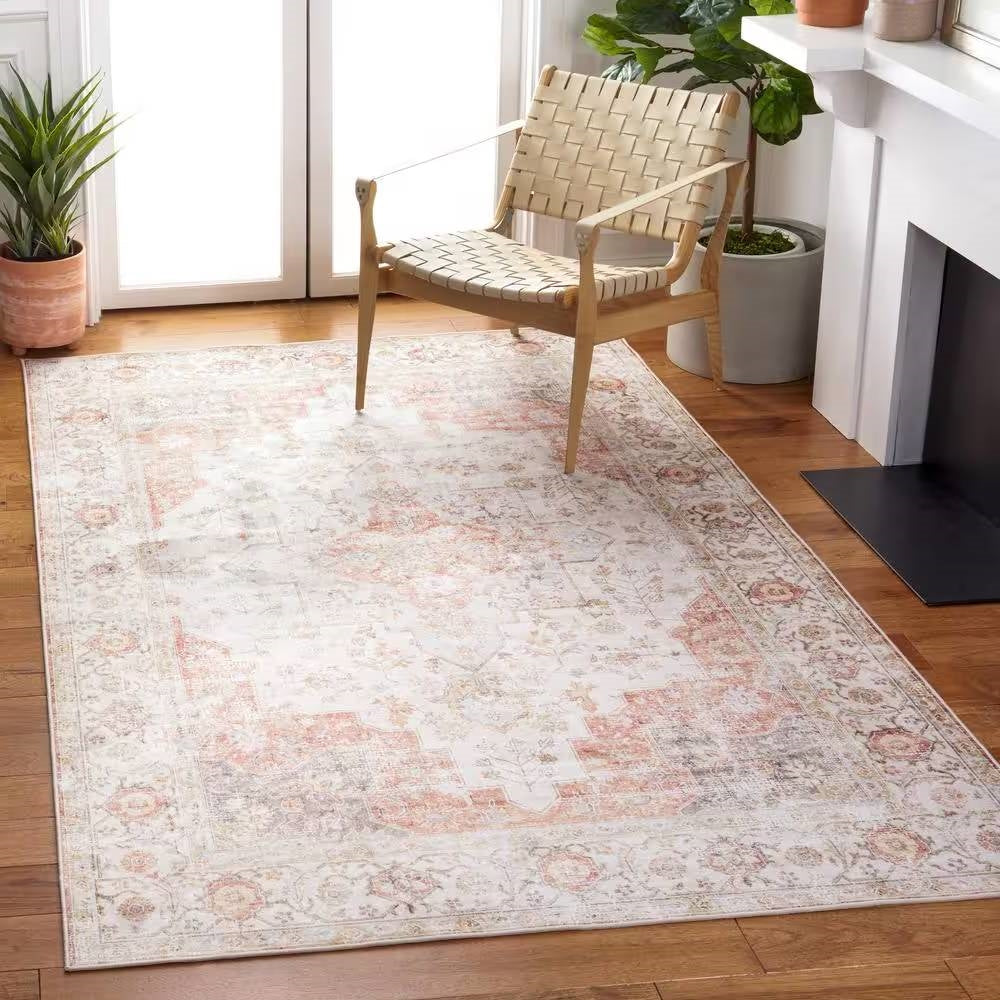 5 ft. x 8 ft. Traditional Persian Style Washable Boho Light Grey Red Area Rug-0