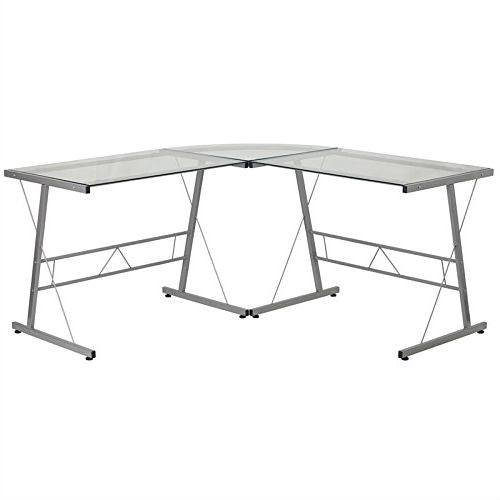 Modern Silver Metal L-Shaped Desk with Glass Top and Floor Glides-0