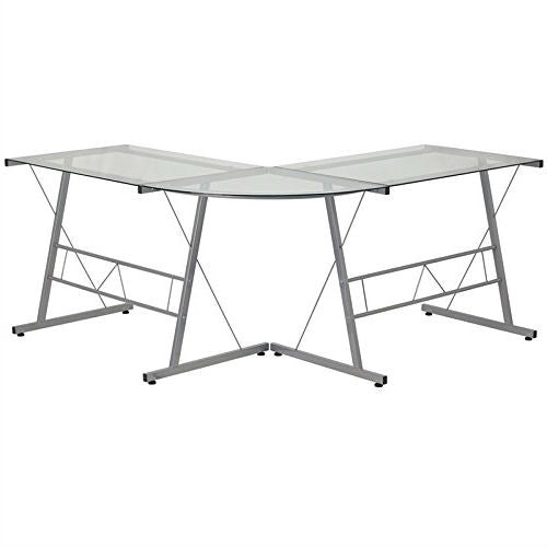 Modern Silver Metal L-Shaped Desk with Glass Top and Floor Glides-1