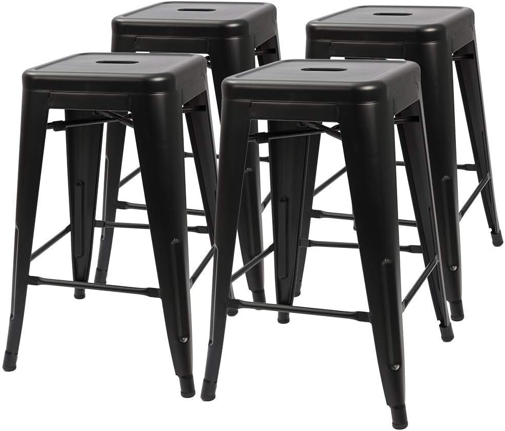 Set of 4 - 24-in. Indoor/Outdoor Backless Stacking Black Metal Barstools-0