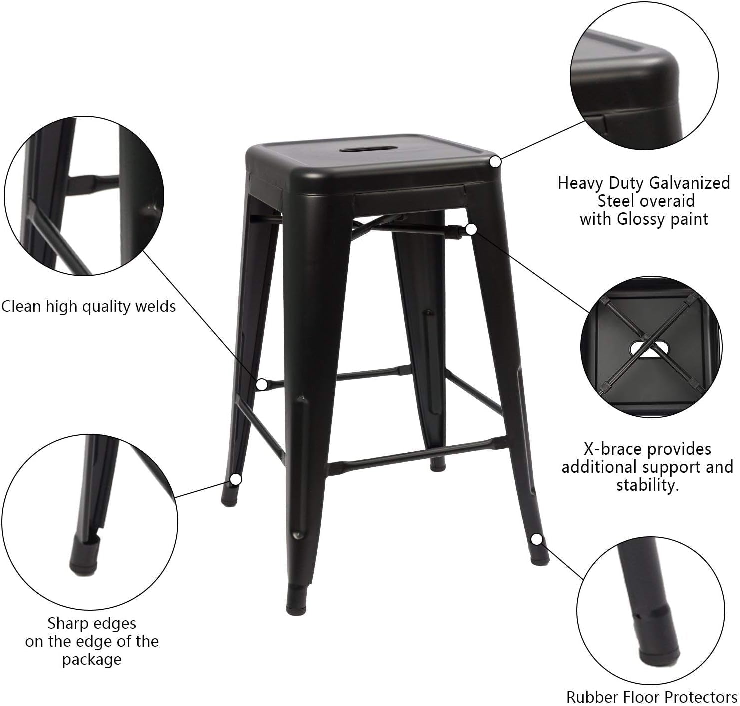 Set of 4 - 24-in. Indoor/Outdoor Backless Stacking Black Metal Barstools-3