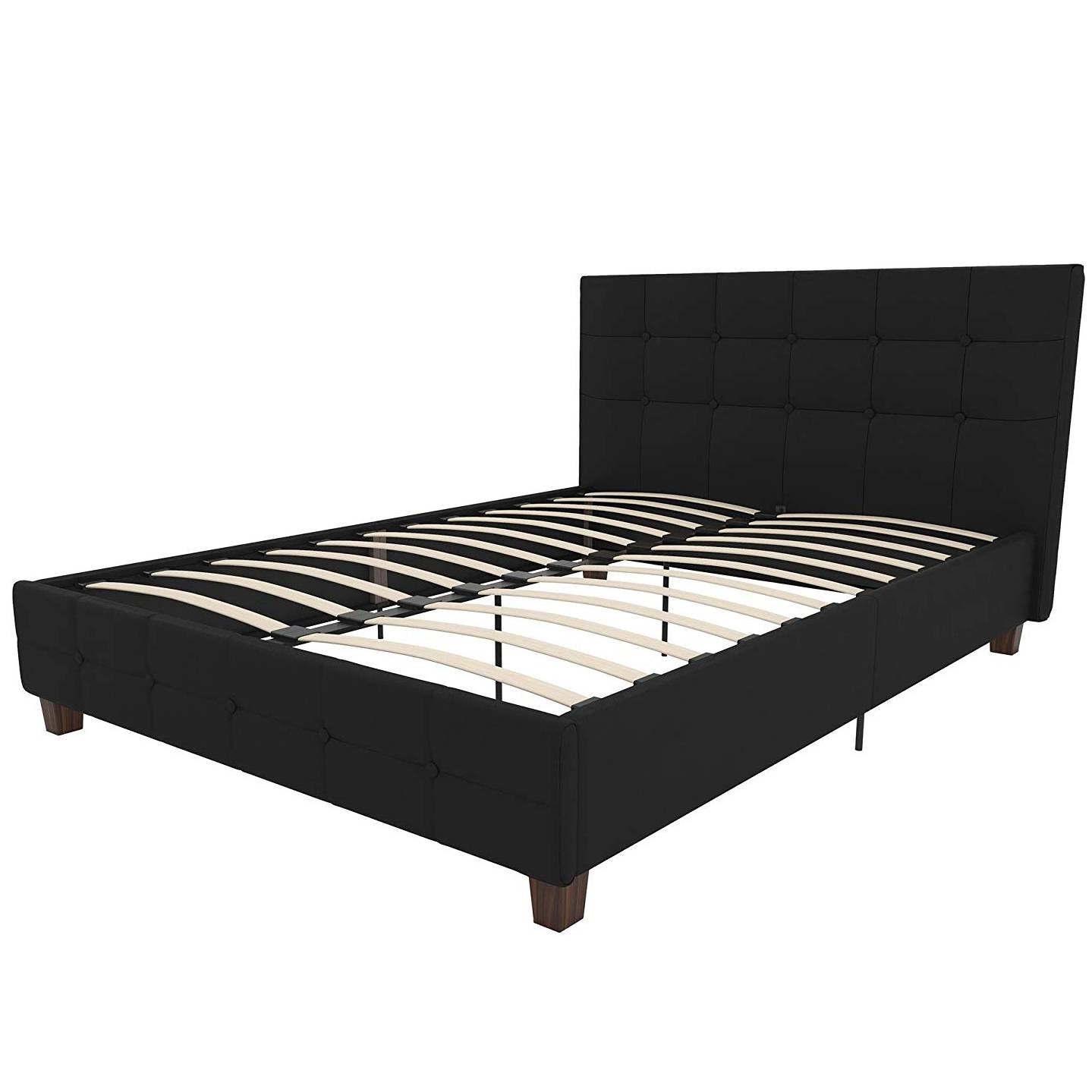 Full size Black Padded Linen Upholstered Platform Bed with Headboard-0