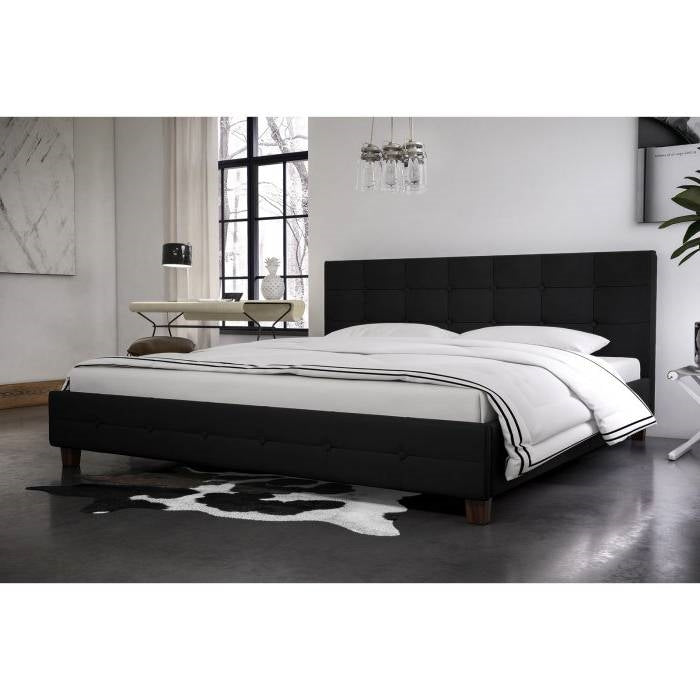 Full size Black Padded Linen Upholstered Platform Bed with Headboard-1