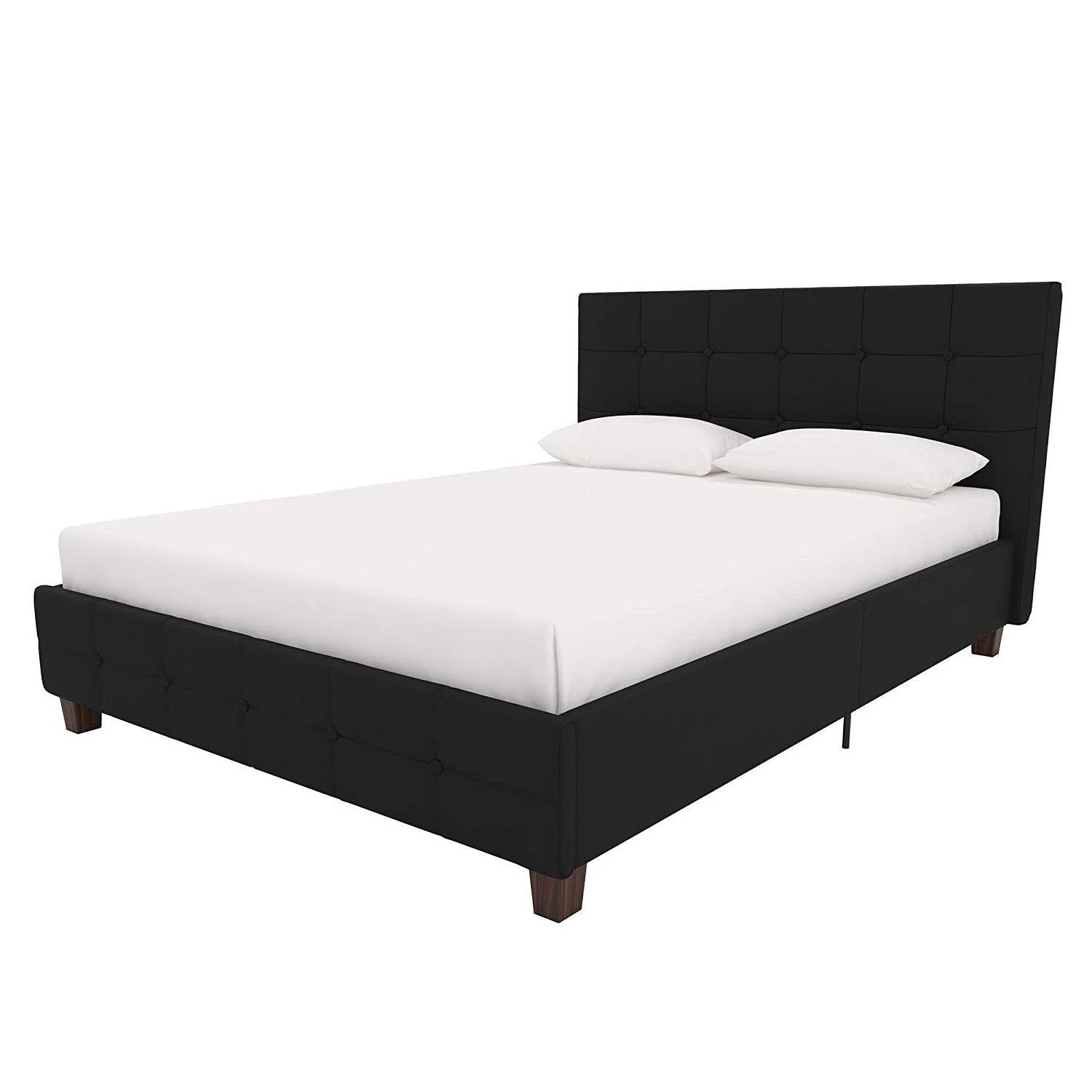 Full size Black Padded Linen Upholstered Platform Bed with Headboard-3