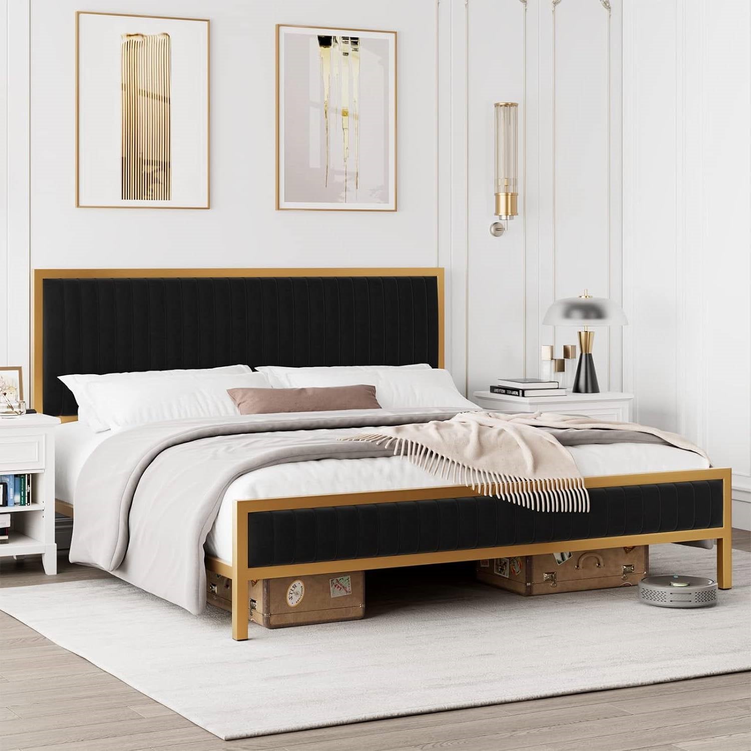 Full size Gold Metal Platform Bed Frame with Black Velvet Upholstered Headboard-0