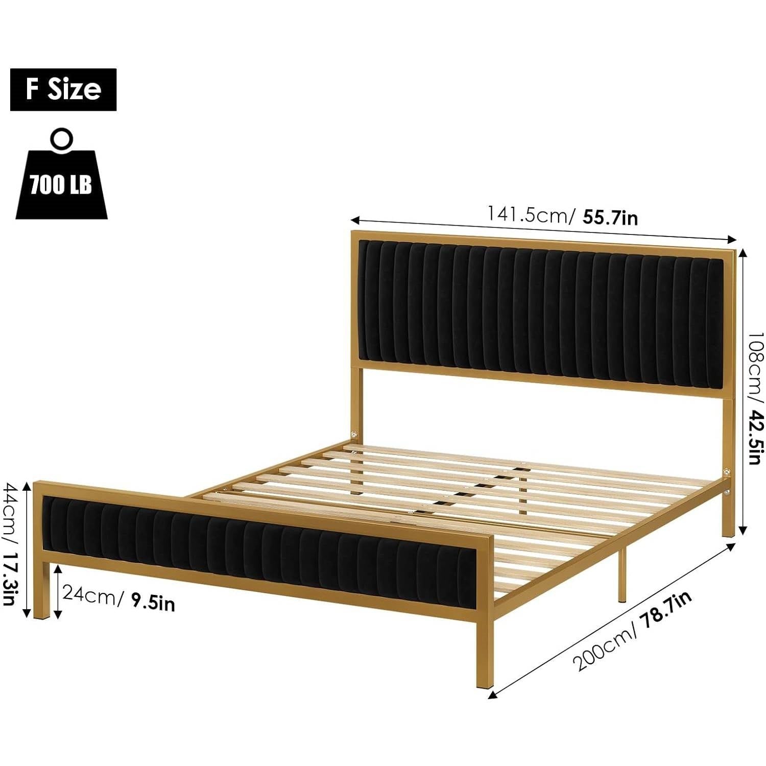 Full size Gold Metal Platform Bed Frame with Black Velvet Upholstered Headboard-4