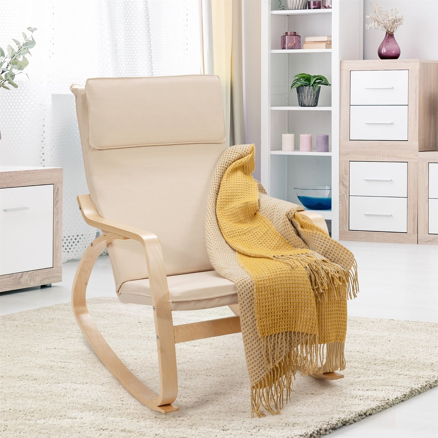 Farmhouse Beige/Natural Linen Upholstered Rocking Chair-3