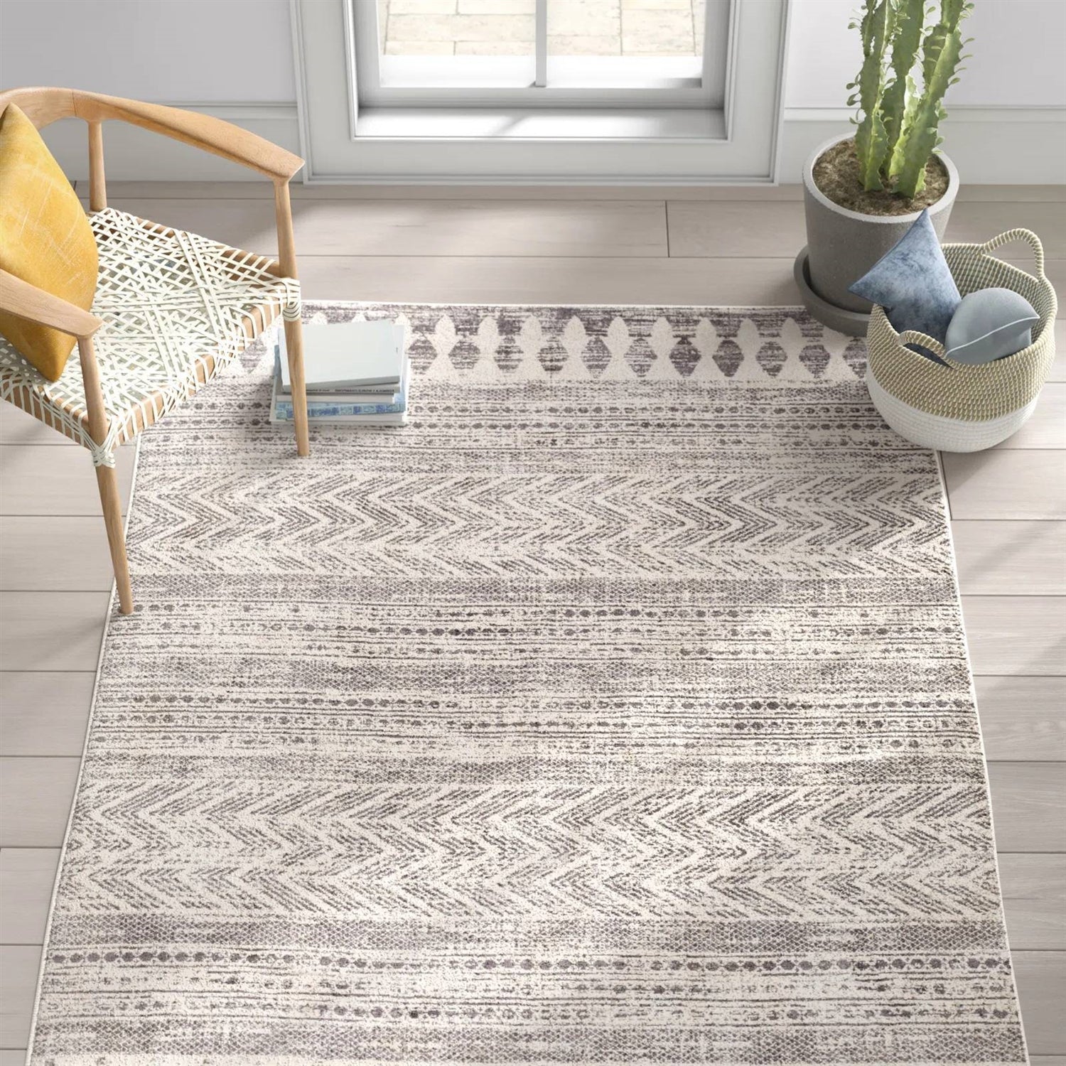 5-ft. x 7-ft. Grey Ivory Chevron Stripe Geometric Boho Style Area Rug-0