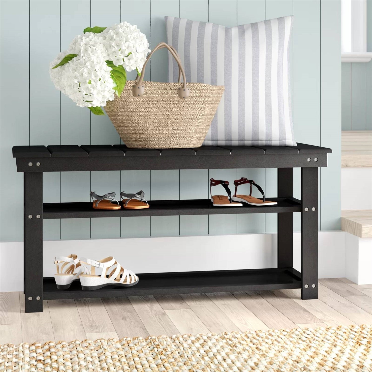 Black Wooden 2-Shelf Shoe Rack Storage Bench for Entryway or Closet-0