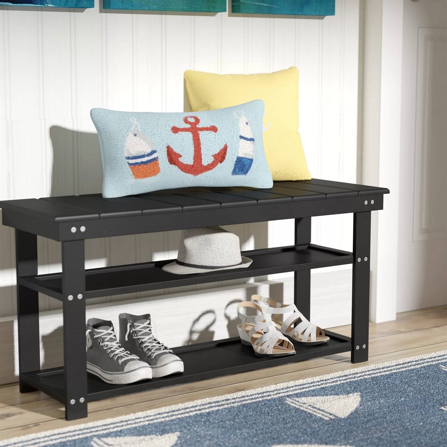 Black Wooden 2-Shelf Shoe Rack Storage Bench for Entryway or Closet-1