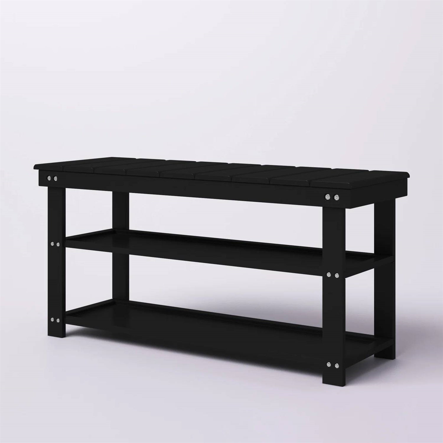 Black Wooden 2-Shelf Shoe Rack Storage Bench for Entryway or Closet-3