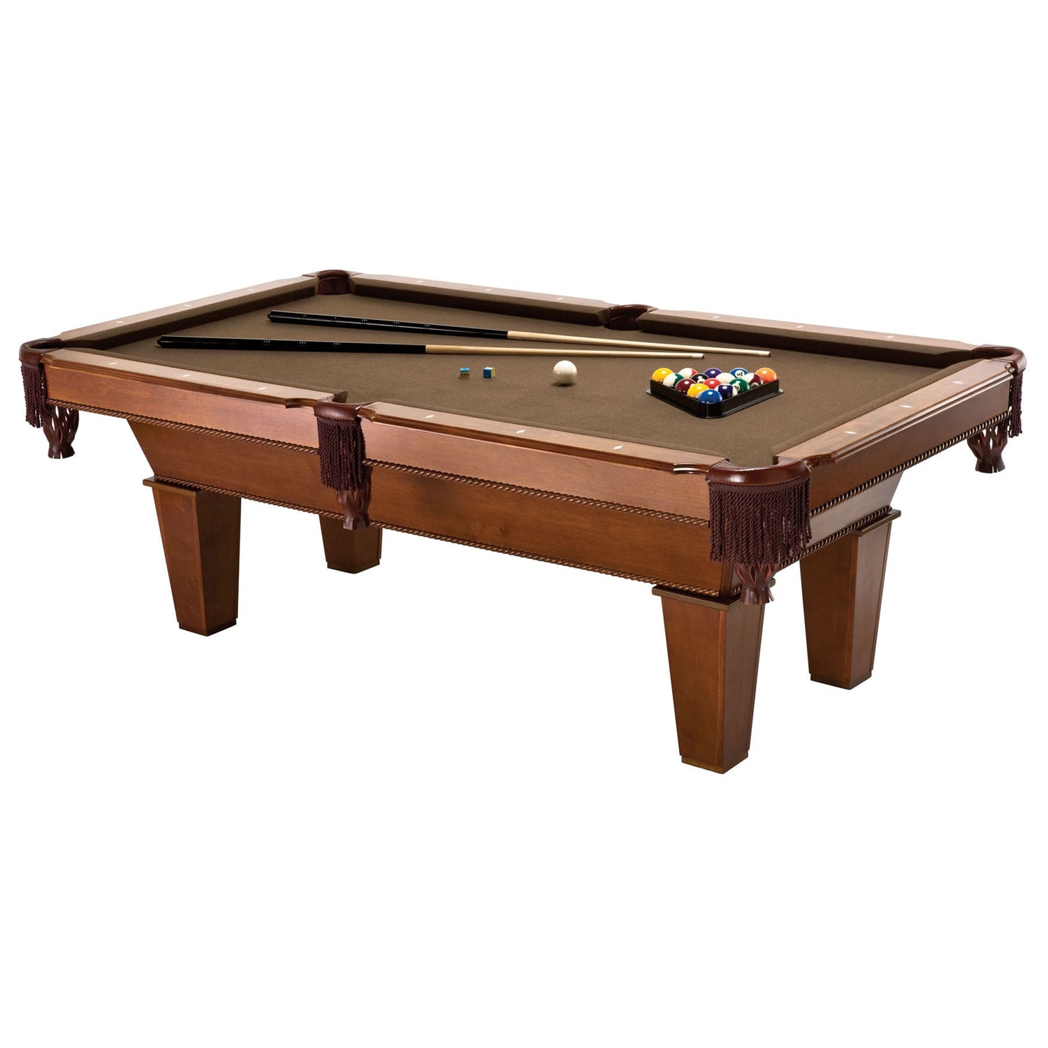 7Ft Brown Wool Cloth Top Pool Table with 2 Cues and Billiards Balls-0